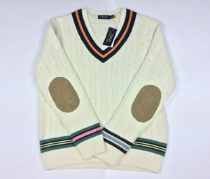 Polo Ralph Lauren Preppy Algodón Cachemira Codo Parche Cable Tejido Cricket Suéter - Imagen 1 de 7