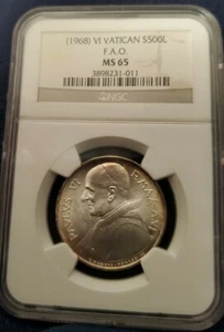 nd(1968) Vatican City 500 Lire F.A.O. NGC MS65 Toned Nice - Picture 1 of 4