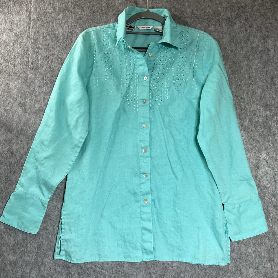 Camisa Richard Malcolm Mujer Mediana Aqua Irlandesa Lino Bordado Túnica Top * Foto 1 de 4