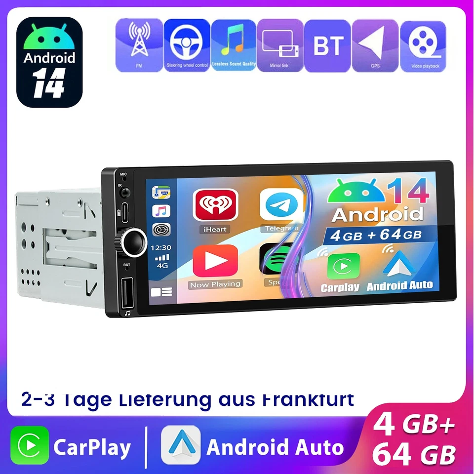 Autoradio 6.86" 1 DIN Android 14 Carplay GPS Navi RDS Mit Bluetooth WIFI 4+64G - Bild 1 von 4