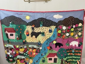 Arte de pared pueblo/granja peruano Arpillera 3D 29x40 de colección. Carta original adjunta - Imagen 1 de 14
