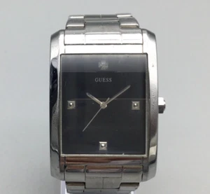 Guess Steel Tank Watch Men Silver Tone 36mm Date Black Dial New Battery 7.25" - Picture 1 of 13