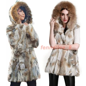 Women's 100% Real Rabbit Fur Vest Coat Raccoon Fur Collar Hooded Jacket Outwear - Picture 1 of 12