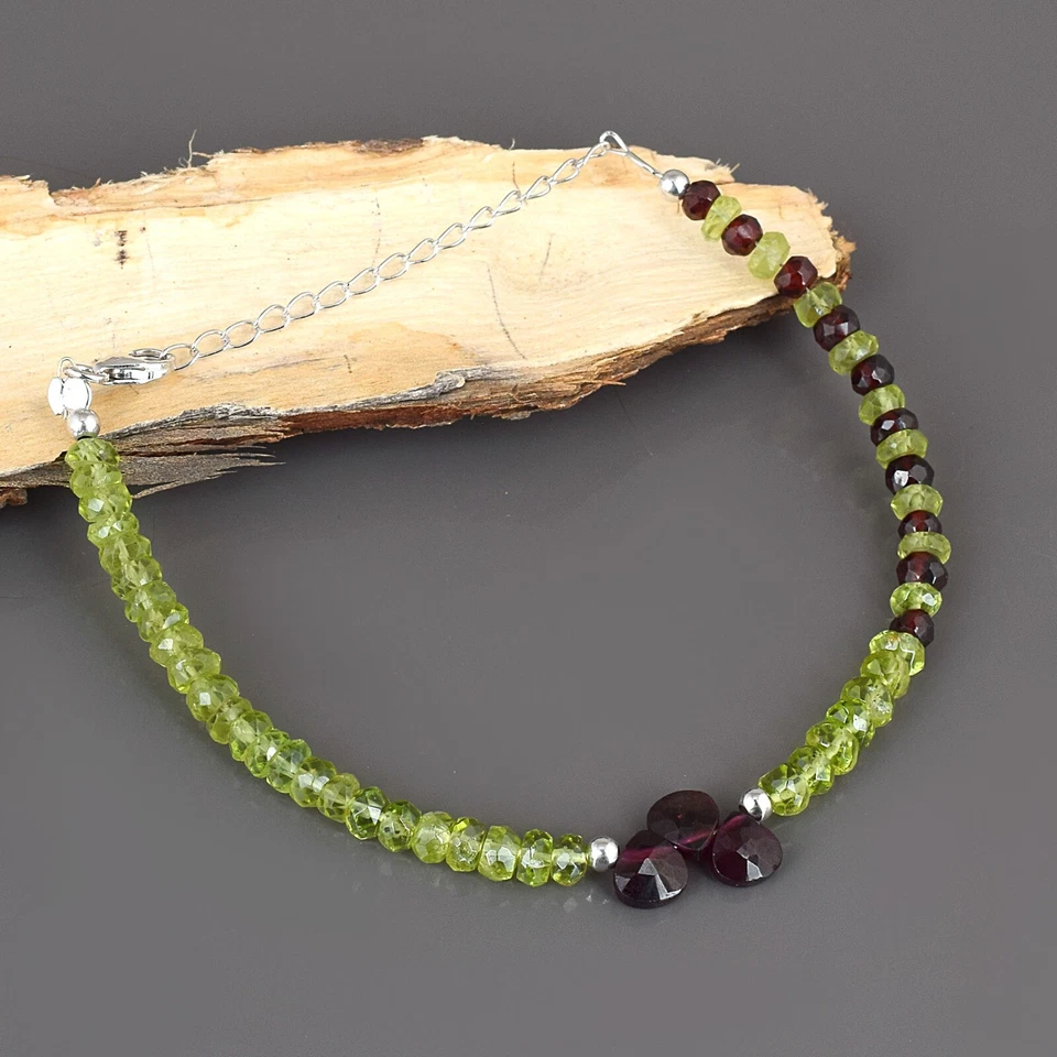 Mix Edelstein Natürlich Peridot & Granat Perlen 925 Sterlingsilber Damen Armband - Bild 1 von 4