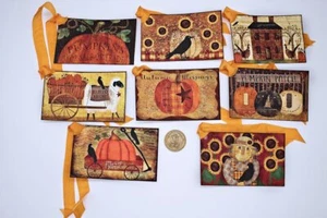 8~Primitive~Vintage~Fall~Autumn~Pumpkins~Crows~Linen Cardstock~Gift~Hang~Tags - Picture 1 of 1