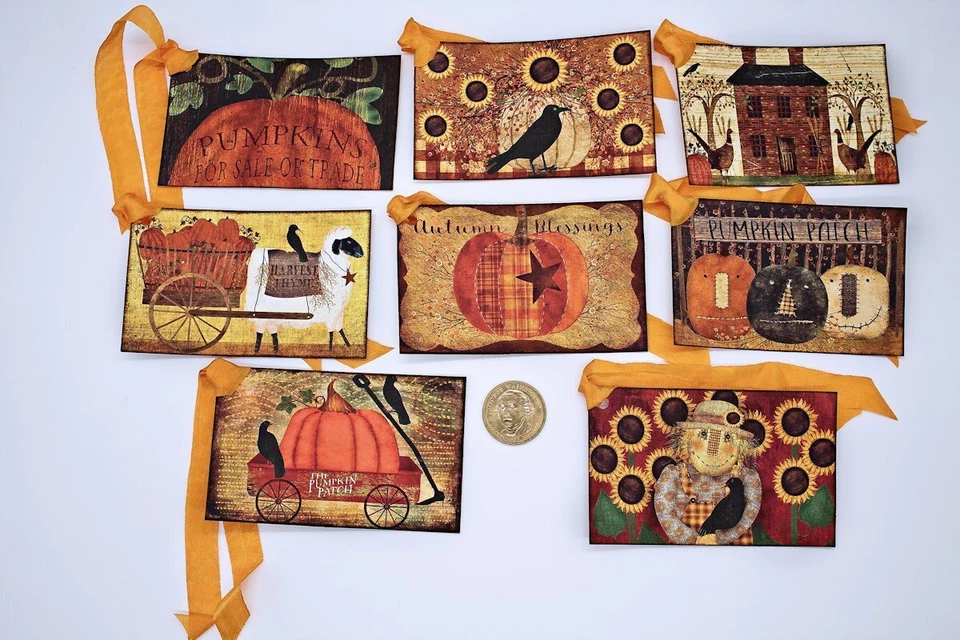 8~Primitive~Vintage~Fall~Autumn~Pumpkins~Crows~Linen Cardstock~Gift~Hang~Tags - Image 1 of 1