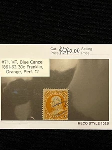 US Scott 71 - VF, 30c Franklin - Blue Color And Fancy Cancel, CV $540 - Picture 1 of 7