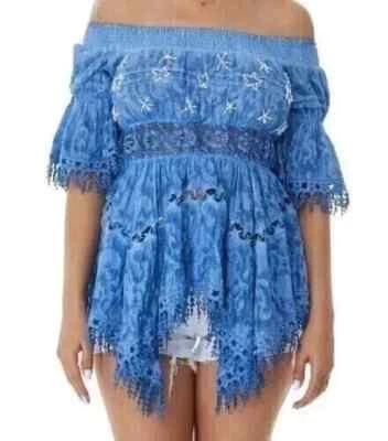 Blue Off Shoulder Top Smocked Bell Sleeve Boho Bohemian Large - Image 1 of 3