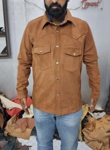 Camicia in pelle nabuk marrone marrone marrone giacca camionista stile classico camicia formale - Foto 1 di 5
