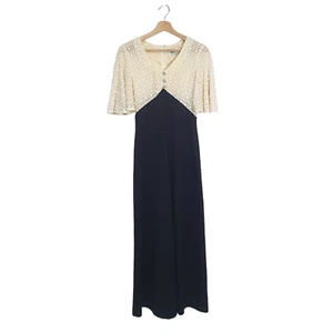 Jamain of Melbourne Size S Vintage 70s Cream Lace Black Ponte Boho Maxi Dress - Picture 1 of 11