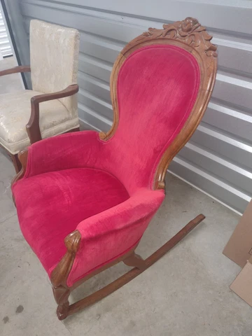 Antique  early 1900s Rocking chair with red plush Upholstery Cover