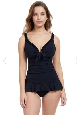Nuevo con etiquetas Vestido de baño Profile by Gottex Volantes Corbata Frontal V Control Abdomen Mujeres 8 Negro Foto 1 de 4