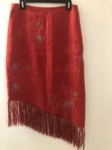 Lillie Rubin Skirt  Red With Embroidered Flowers And Fringe Size 8 - Picture 1 of 7