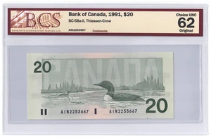BCS Graded UNC 62 1991 Canada 20 Dollars Banknote - Picture 1 of 2