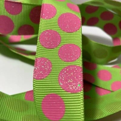 Green Pink Glitter Polka Dot Ribbed Ribbon Morex Dazzle 1 Roll 7/8" 4yd - Image 1 of 4
