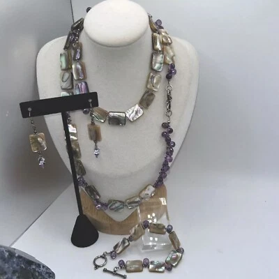 Artisan  Abalone Amethyst Colors Sterling Parure  Necklace Bracelet Earrings - Image 1 of 4