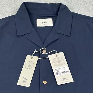 Folk Button Up Linen Blend Shirt Men's Large Short Sleeve Inca Navy Stretch - Picture 1 of 7