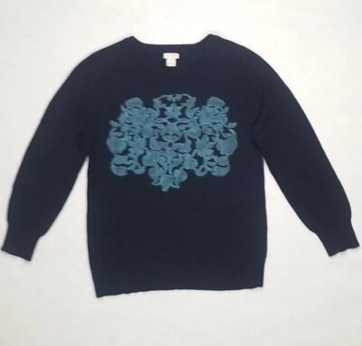 J. Crew Wool Blend Knit Navy Sweater Women's Size M Embossed Floral Design B3781 - Image 1 of 4