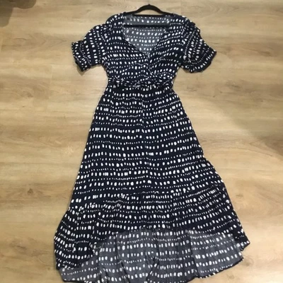Size 16 Navy & white Spot faux wrap dress, 100% viscose, crinkle look fabric - image 1 of 4
