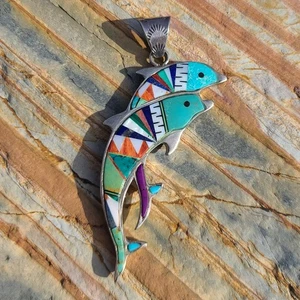 VTG Navajo Sterling Silver Gemstone Inlay Dolphin Pendant Calvin Peterson Signed - Picture 1 of 15