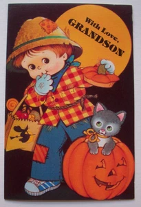 Boy & cat trick or treating vintage 80's Halloween greeting card WW24 - Picture 1 of 3