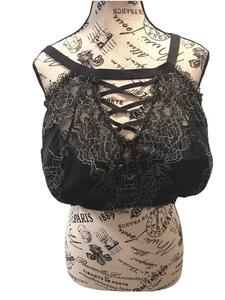 Cacique 44G Balconette Womens Sexy Bra Black Gold Lace Criss Cross Front - Picture 1 of 4