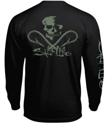 男式 Salt Life Skull & Hooks 长袖口袋 T 恤黑色 - 2XL/XL/Lrg - 全新带标签 — 第 1/4 张图片