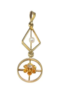 ANTIQUE 10K YELLOW GOLD ART DECO DIAMOND & PEARL LAVALIERE PENDANT BUTTERCUP SET - Picture 1 of 4