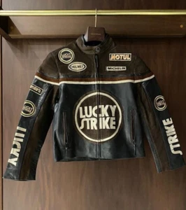 Handmade Vintage Lucky Strike Racing Leather Jacket, Retro Racer Biker Jacket - Picture 1 of 6
