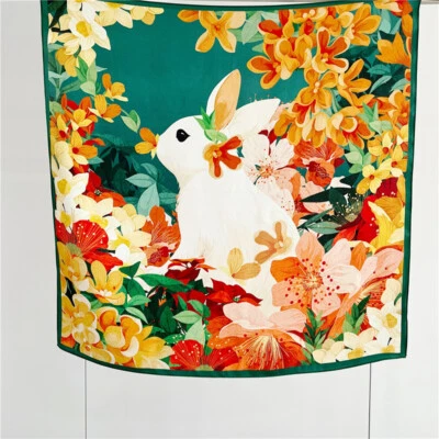 100% Mulberry Silk 24" Square Scarf Womens Neckerchief Shawl Animal Rabbit Print - Изображение 1 из 4