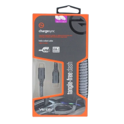 Ventev USB-C to USBC Braided Cable  3.2 ft Helix Coiled Cable Gray - Image 1 of 4