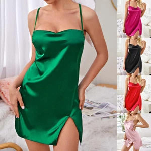 Womens Satin Mini Slip Dress Sexy Ladies V Neck Evening Party Nightdress Robe US - Picture 1 of 16