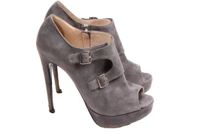 PRADA Gray Suede Leather Peep Toe Buckle Platform Ankle Boots Booties Size 39 - Picture 1 of 10