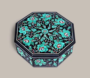 7"x7"x2" Jewelry Storage Keepsake Box Handmade Floral Malachite Inlay Stone Gift - Bild 1 von 10