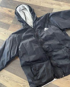 Adidas Kid Size L Windbreaker Jacket Black Lined Full Zip Hooded - Picture 1 of 11