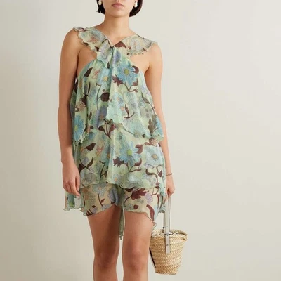 Mini Vestido Stella McCartney Garden Volantes Floral Cuello Halter Seda Gasa IT 40/4 Foto 1 de 4