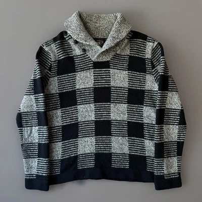 Suéter de Lana RRL Grande Gris Negro Cuadros Tejido Chal Cuello Pullover Nueva York Foto 1 de 4