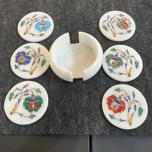 Marble Coaster Set White Stone Inlay Work Coffee Coaster - Picture 1 of 14