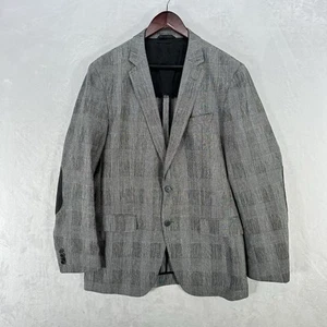 Hugo Boss Jacket Mens 42 Stretch Tailoring Gray Plaid Linen Blend Elbow Patches - Picture 1 of 16
