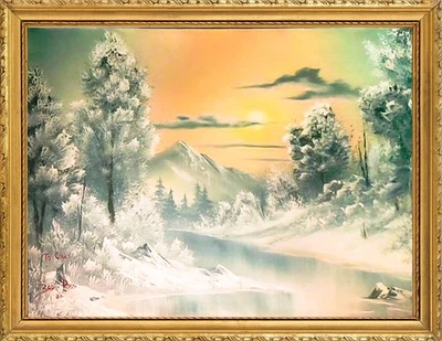 Bob Ross Original Painting Signed 18” x 24” Winter Landscape Oil on Canvas - Image 1 of 4