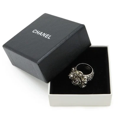 CHANEL Camellia 10V Flower Ring Silver Coco Mark Rhinestone JP Size 14 - Image 1 of 4