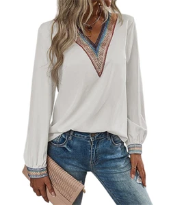 La Mode White & Blue Lace V Neck Long Sleeve Top Size L - Picture 1 of 4
