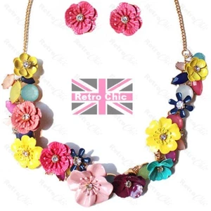 SET ORECCHINI COLLANA RETRÒ MULTI FIORE metallo smaltato CRISTALLO fiori vintage - Foto 1 di 5
