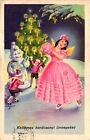 Snowman with a Skating Angel and Children, Christmas, Vintage Postcard