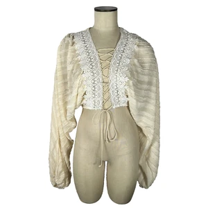 Salanta Lantern Sleeve Cream White Boho Lace Tie Shear Crop Top Size Small - Picture 1 of 5