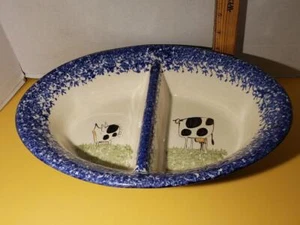 VTG Molly Dallas Blue Splatter Ware Divided Dish Cow Pig Farm Stoneware Speckled - Picture 1 of 1