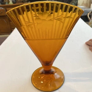 Vintage Amber Fan Vase Etched Floral  Stripes Ribbed Czech? - Picture 1 of 15