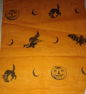 Antik Vintage 20er Halloween Baumwolle Stoffrest Hexe schwarze Katze Fledermaus JOL 23"x14" - Bild 1 von 8