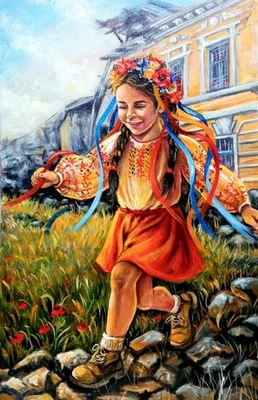 Pintura Acrílica Original, Niña en Ropa Nacional, Arte de Guerra Ucrania, Tradición Foto 1 de 4