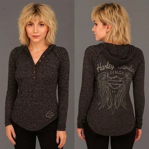 Harley-Davidson Black Burnout Henley Style Hoodie with Lace Inset on Sides  NEW - Picture 1 of 16